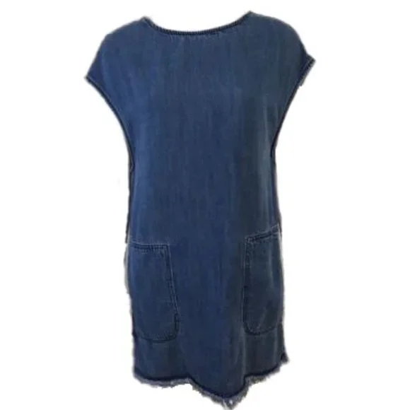 h&m short denim dress H&M Blue Denim Square Neck Strappy Sleeveless A-Line Short Dress US 6